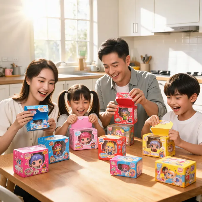 Family opening collectible toy boxes